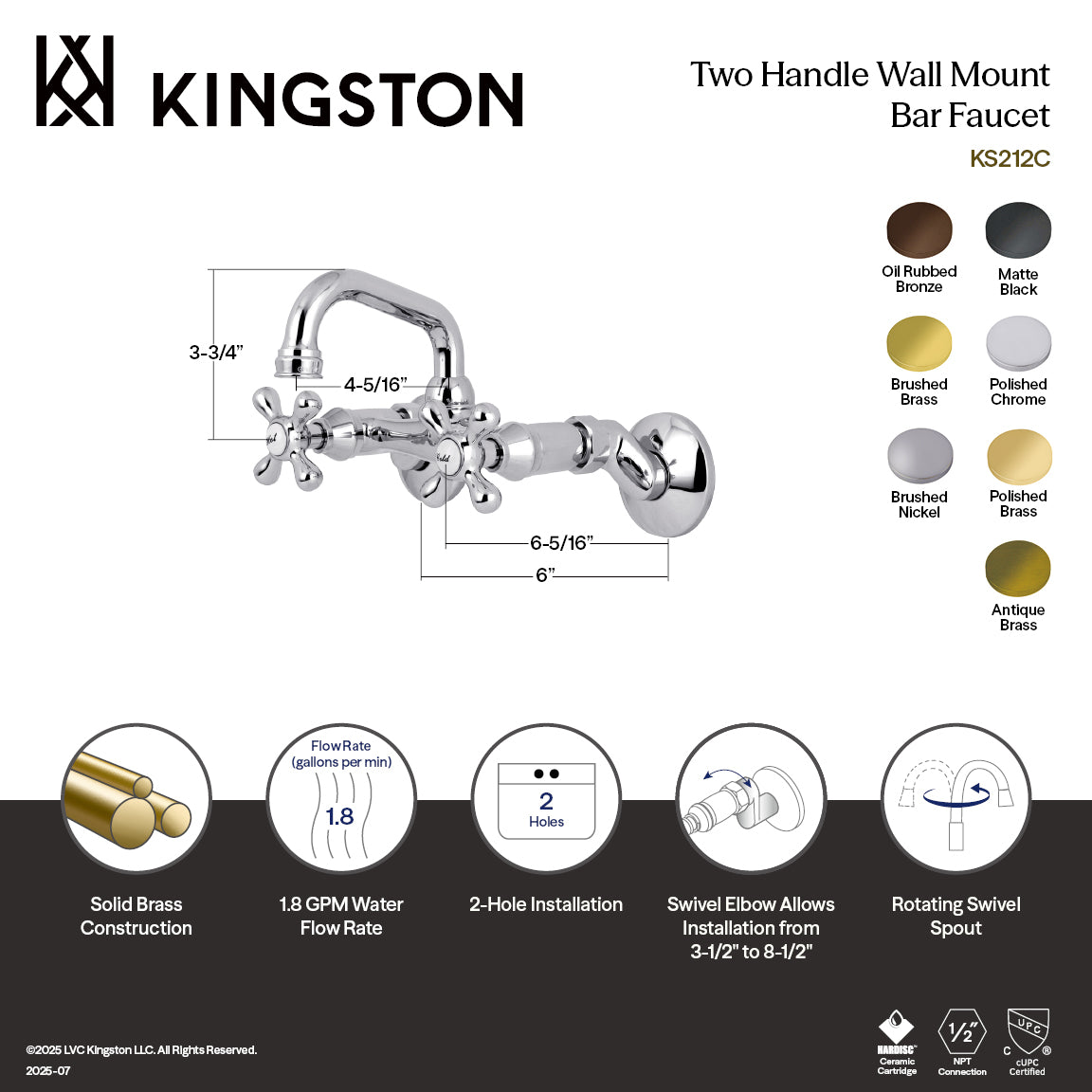 Kingston Heirloom KS212SN - Kingston Two-Handle 2-Hole Wall Mount Bar Faucet, Brushed Nickel — thumbnail 2